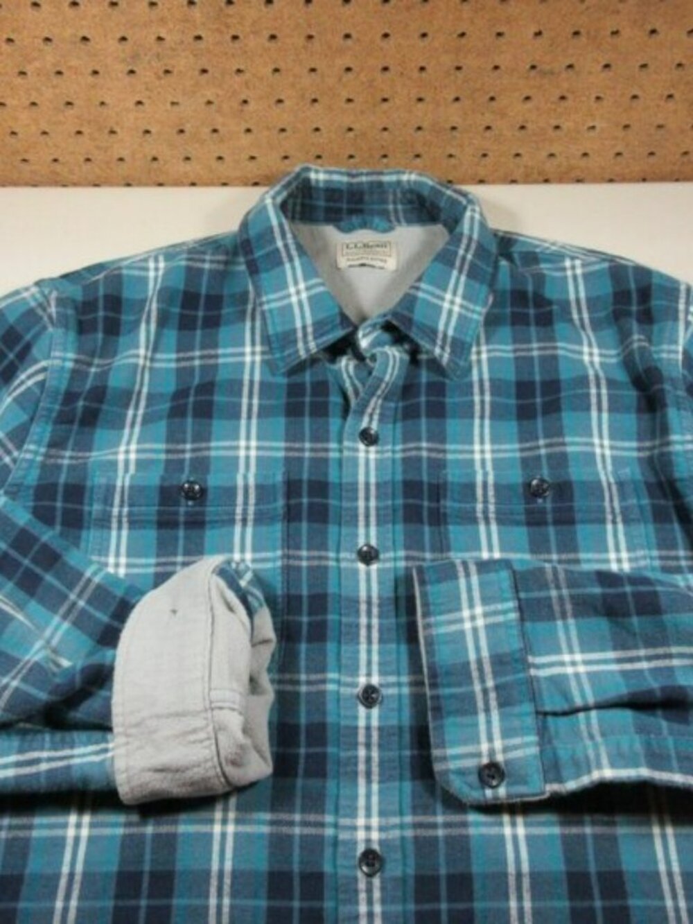 LL Bean mens blue teal navy fleece lined slightly Organic flannel shacket L